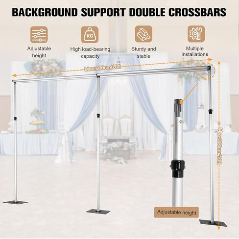 Backdrop Stand 118inch Height 236inch Width Double Crossbar Height Adjustable Stainless Steel Square Backdrop Stand w/ Metal Steel Base for Wedding Party Video Studio Birthday in Kuwait