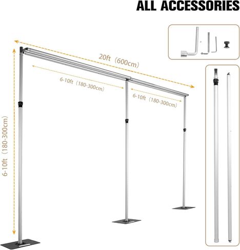 Backdrop Stand 118inch Height 236inch Width Double Crossbar Height Adjustable Stainless Steel Square Backdrop Stand w/ Metal Steel Base for Wedding Party Video Studio Birthday in Kuwait