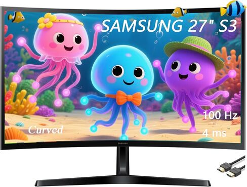 شاشة منحنية LED من سلسلة Essential S3 مقاس 27 بوصة من سامسونج، FHD 1800R، وضع الألعاب، 100 هرتز، منافذ مزدوجة، راحة العين، أسود، مع كابل GSF HDMI in Kuwait
