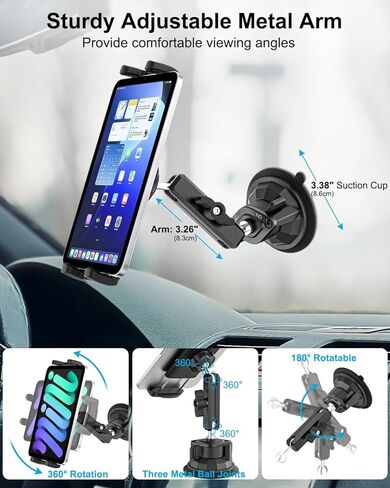 Car Holder for iPad Mini, Truck Windshield Tablet Mount with Super Suction Cup, 360° Adjustable Metal Arm Side Window Tablet Holder for iPad Mini 7 6 5 4 3 2, iPad Air Pro, iPhone, 4-13" Device in Saudi Arabia
