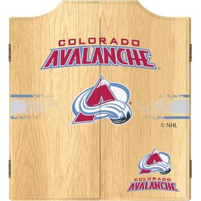 Trademark Global Dart Board Cabinet Set - Colorado Avalanche Logo Dart Board with 6 Steel Tip Darts, Scoreboard, Hanging Wood Cupboard