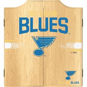 Trademark Global Dart Board Cabinet Set - St. Louis Blues Logo Dart Board with 6 Steel Tip Darts, Scoreboard, Hanging Wood Cupboard