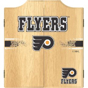 Trademark Global Dart Board Cabinet Set - Philadelphia Flyers Logo Dart Board with 6 Steel Tip Darts, Scoreboard, Hanging Wood Cupboard