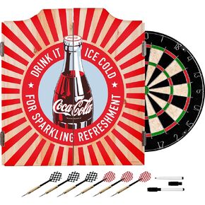 Trademark Gameroom Coke Dart Cabinet Set with Darts & Board - Coca-Cola Drink It Ice Cold for Sparkling Refreshment Bottle Art