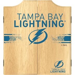Trademark Global Dart Board Cabinet Set - Tampa Bay Lightning Logo Dart Board with 6 Steel Tip Darts, Scoreboard, Hanging Wood Cupboard