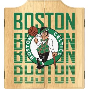 Trademark Global Dart Board Cabinet Set - Boston Celtics City Dart Board with 6 Steel Tip Darts, Scoreboard, Hanging Wood Cupboard