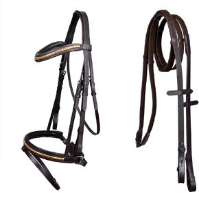 CHALLENGER Horse English All-Purpose Trail Pleasure Padded Leather Crystal Browband Bridle with Buckle Reins 803HI24BR-F
