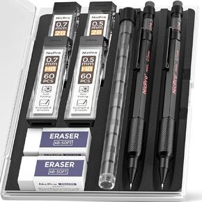 Nicpro 0.9 mm Mechanical Pencils Set with Case, 3PCS MP2000 Metal Artist Mechanical Pencil With 6 Tube HB Lead Refills, Eraser, Weatherproof Barrel for Outdoor Writing Drafting Drawing Sketching