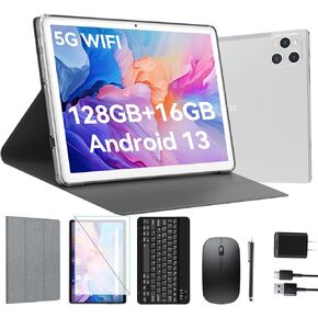Android Tablet 10 Inch, 2024 Newest Android 13 Tablet, 128GB Storage+16GB RAM (8+8Virtual), Octa-Core Processor, 5G WiFi Tablet, 2 in 1 Tablet with Keyboard and Case, 13MP+8MP Dual Camera, GPS, Black