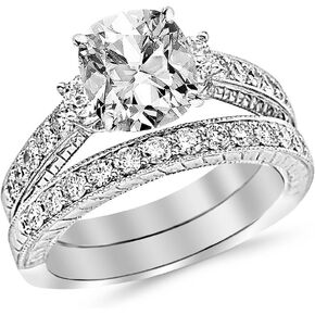 14K White Gold 4 Carat LAB GROWN DIAMOND Three Stone Vintage With Milgrain & Filigree Bridal Set with Wedding Band & Cushion Cut Diamond Engagement Ring (G-H Color VS2-SI1 Clarity 3 Ct Center)