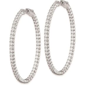 925 Sterling Silver 2mm Cubic Zirconia CZ Oval Hinged Hoop Earrings