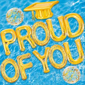 Sumind 13 Pcs 2024 Grad Pool Float 20" Inflatable Proud of You Letter Float Grad Pool Party Decor Graduation Decoration Set with Beach Balls Graduation Hat for Graduation Pool Beach Party in Kuwait