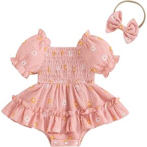 Baby Girls Daisy Romper Dress Short Sleeve Bodysuit Floral Jumpsuit with Headband Newborn Summer Outfit