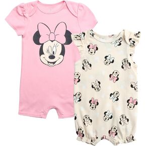 Disney Baby Girls Romper 2 Pack: Minnie Mouse Ruffle Sleeve Romper (Newborn/Infant)