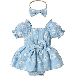 Jeinxcn Newborn Baby Girl Clothes Daisy Romper Dress Short Sleeve Bowknot Bodysuit Onesie Summer Outfit with Headband