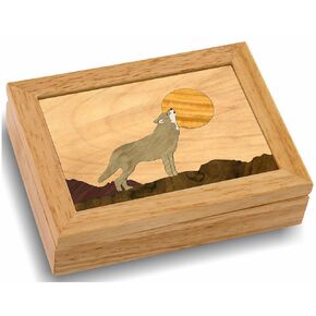 MarqArt Wood Wolf Jewelry Box - Hinged Lid Organizer for Rings, Bracelets, Watches - Store Your Precious Valuables In This Spacious Velvet-Lined Holder - (#2117AH 6x8x2)