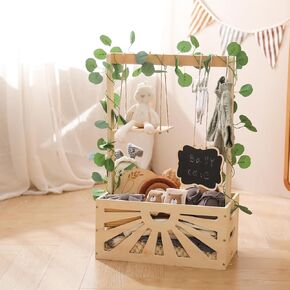 Wooden Baby Shower Crate Closet, Baby Basket with Adjustable Handle and Garland, Storage Crate Hamper, Baby Shower Wooden Gift Crate, Baby Personailzed Basket for Pregnancy New Parent (No Accessories)