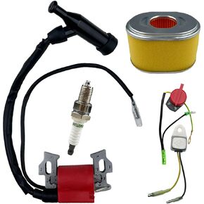 TURBOTUNITY GX160 Ignition Coil Assembly for Honda & Clone GX120 GX200 for Rototiller 4589693 30500-ZE1-073 w/Air filter F6TC spark plug and On Off Switch Engine Kill Switch with Low Oil Sensor