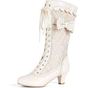 Voviggiw Women Vintage Victorian Boots Lace Bridal Brides Wedding Boots Mid Calf Zipper Costume Renaissance Mid Heel Dress Boots