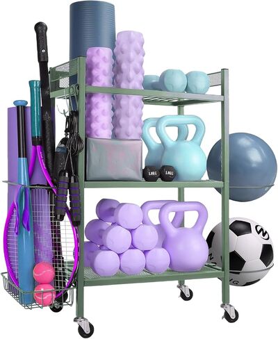 Home Gym Storage Racks,yoga mat storage Racks,Compact Storage Racks for Home Gym - Multifunctional Sports workout equipment storage for Garage, Indoor-Easy to assemble with swivel wheels.(Grey） in Saudi Arabia