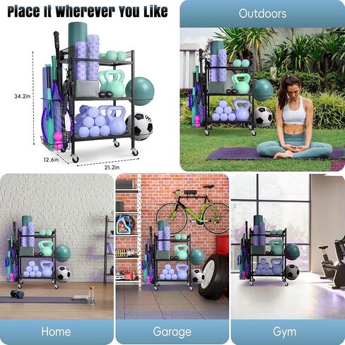 Home Gym Storage Racks,yoga mat storage Racks,Compact Storage Racks for Home Gym - Multifunctional Sports workout equipment storage for Garage, Indoor-Easy to assemble with swivel wheels.(Grey） in Saudi Arabia