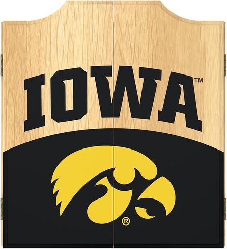 Trademark Global Dart Board Cabinet Set - University of Iowa Logo Dart Board with 6 Steel Tip Darts, Scoreboard, Hanging Wood Cupboard in Saudi Arabia