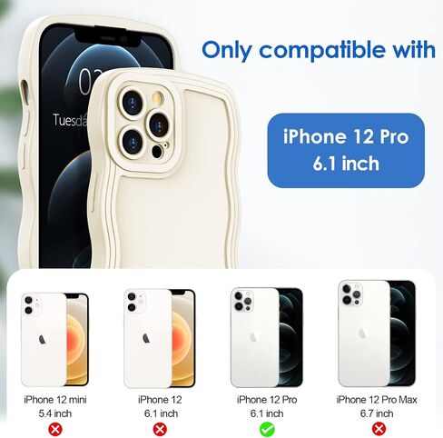 Anuck Case for iPhone 12 Pro Case Wave, Curly Frame Design for Women Girls, Cute Wavy Solid Color Aesthetic Phone Case Soft Flexible TPU Shockproof Full-Body Protective Case Cover 6.1 inch - White in Saudi Arabia