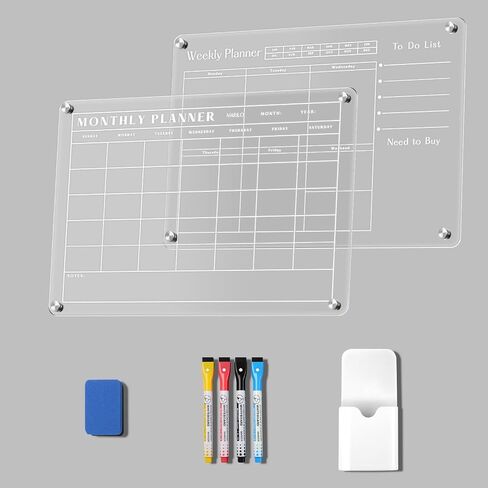 Marilo Acrylic Magnetic Calendar, Monthly Calendar Weekly Calendar for Fridge, Clear Set of 2 Dry Erase Board Calendar for Fridge Reusable Planner Organizer, Includes 4 Dry Erase Markers (17"x11.78") in Saudi Arabia