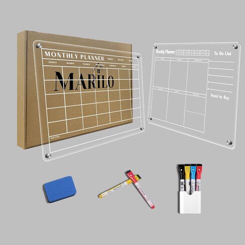 Marilo Acrylic Magnetic Calendar, Monthly Calendar Weekly Calendar for Fridge, Clear Set of 2 Dry Erase Board Calendar for Fridge Reusable Planner Organizer, Includes 4 Dry Erase Markers (17"x11.78") in Saudi Arabia