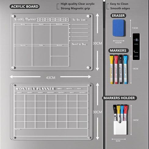 Marilo Acrylic Magnetic Calendar, Monthly Calendar Weekly Calendar for Fridge, Clear Set of 2 Dry Erase Board Calendar for Fridge Reusable Planner Organizer, Includes 4 Dry Erase Markers (17"x11.78") in Saudi Arabia