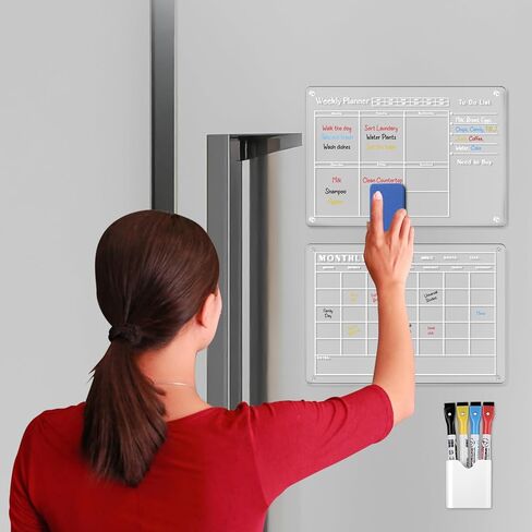 Marilo Acrylic Magnetic Calendar, Monthly Calendar Weekly Calendar for Fridge, Clear Set of 2 Dry Erase Board Calendar for Fridge Reusable Planner Organizer, Includes 4 Dry Erase Markers (17"x11.78") in Saudi Arabia