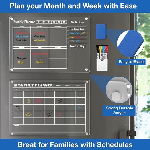 Marilo Acrylic Magnetic Calendar, Monthly Calendar Weekly Calendar for Fridge, Clear Set of 2 Dry Erase Board Calendar for Fridge Reusable Planner Organizer, Includes 4 Dry Erase Markers (17"x11.78") in Saudi Arabia