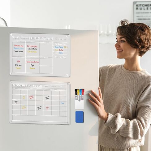 Marilo Acrylic Magnetic Calendar, Monthly Calendar Weekly Calendar for Fridge, Clear Set of 2 Dry Erase Board Calendar for Fridge Reusable Planner Organizer, Includes 4 Dry Erase Markers (17"x11.78") in Saudi Arabia