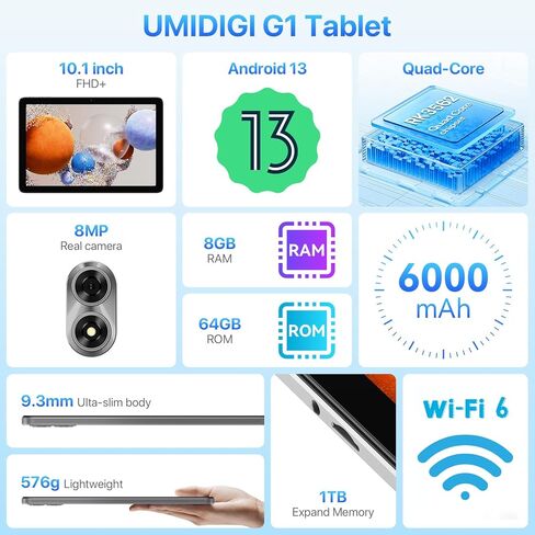 UMIDIGI G1 Tab Android 13 Tablet 2024، 8(4+4) GB+64GB 1 تيرابايت توسيع، 5G/2.4G WiFi، 10.1 بوصة HD اللوحي مع معالج رباعي النواة يصل إلى 2.0 جيجا هرتز، 6000 مللي أمبير، كاميرا مزدوجة، BT، 1280 * 800 شاشة اللمس in Kuwait