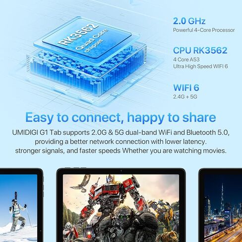 UMIDIGI G1 Tab Android 13 Tablet 2024، 8(4+4) GB+64GB 1 تيرابايت توسيع، 5G/2.4G WiFi، 10.1 بوصة HD اللوحي مع معالج رباعي النواة يصل إلى 2.0 جيجا هرتز، 6000 مللي أمبير، كاميرا مزدوجة، BT، 1280 * 800 شاشة اللمس in Kuwait