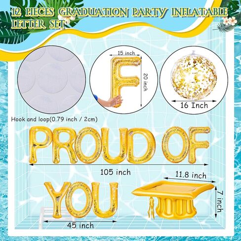 Sumind 13 Pcs 2024 Grad Pool Float 20" Inflatable Proud of You Letter Float Grad Pool Party Decor Graduation Decoration Set with Beach Balls Graduation Hat for Graduation Pool Beach Party in Kuwait