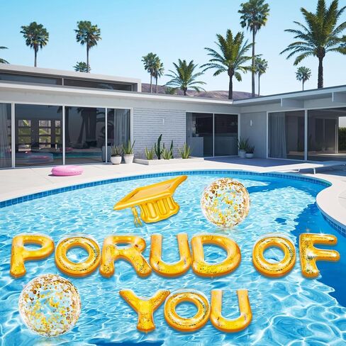 Sumind 13 Pcs 2024 Grad Pool Float 20" Inflatable Proud of You Letter Float Grad Pool Party Decor Graduation Decoration Set with Beach Balls Graduation Hat for Graduation Pool Beach Party in Kuwait