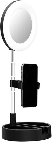 Portable Multi-Functional 6.3" Dimmable LED Selfie Continuous Video Halo Ring Light Zoom Live Stream Phone Holder Stand with Makeup Vanity Mirror Foldable Online Meeting Table Lamp (Black) in Kuwait