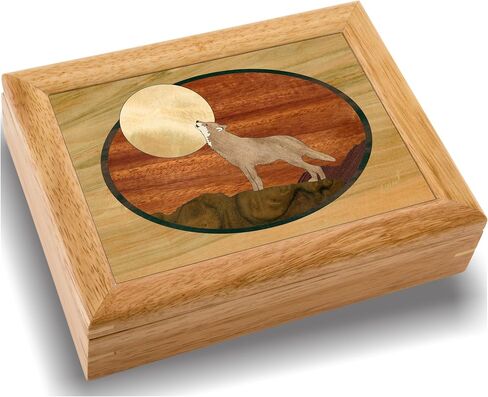 MarqArt Wood Wolf Jewelry Box - Hinged Lid Organizer for Rings, Bracelets, Watches - Store Your Precious Valuables In This Spacious Velvet-Lined Holder - (#2117AH 6x8x2) in Saudi Arabia