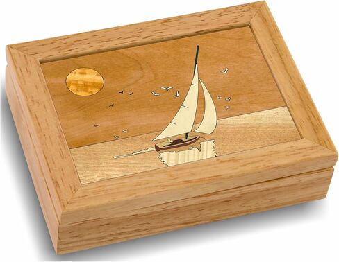 Wood Sailboat Gift Box - Trinket Organizer With Hinged Lid - Store Rings, Bracelets, Watches, Coins - Great Gift For Any Occasion - Birthdays, Christmas, Graduation - (#2129AH 6x8x2) in Saudi Arabia