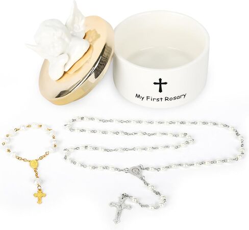 Baptism Gifts for Girls or Boys-My First Rosary With Necklace and Bracelet & Ceramic Keepsake Box with Angel Figurines Set, Christening Or Baby Shower Gifts Rosary Beads Catholic for Baby Girls or Kids, White. in Kuwait