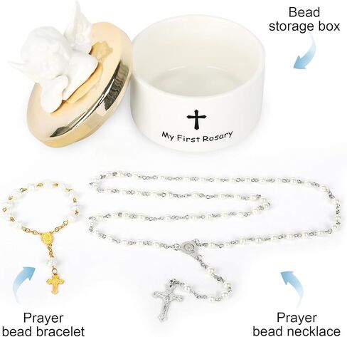 Baptism Gifts for Girls or Boys-My First Rosary With Necklace and Bracelet & Ceramic Keepsake Box with Angel Figurines Set, Christening Or Baby Shower Gifts Rosary Beads Catholic for Baby Girls or Kids, White. in Kuwait
