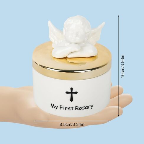 Baptism Gifts for Girls or Boys-My First Rosary With Necklace and Bracelet & Ceramic Keepsake Box with Angel Figurines Set, Christening Or Baby Shower Gifts Rosary Beads Catholic for Baby Girls or Kids, White. in Kuwait