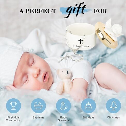 Baptism Gifts for Girls or Boys-My First Rosary With Necklace and Bracelet & Ceramic Keepsake Box with Angel Figurines Set, Christening Or Baby Shower Gifts Rosary Beads Catholic for Baby Girls or Kids, White. in Kuwait