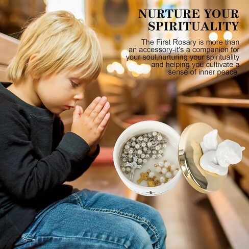 Baptism Gifts for Girls or Boys-My First Rosary With Necklace and Bracelet & Ceramic Keepsake Box with Angel Figurines Set, Christening Or Baby Shower Gifts Rosary Beads Catholic for Baby Girls or Kids, White. in Kuwait
