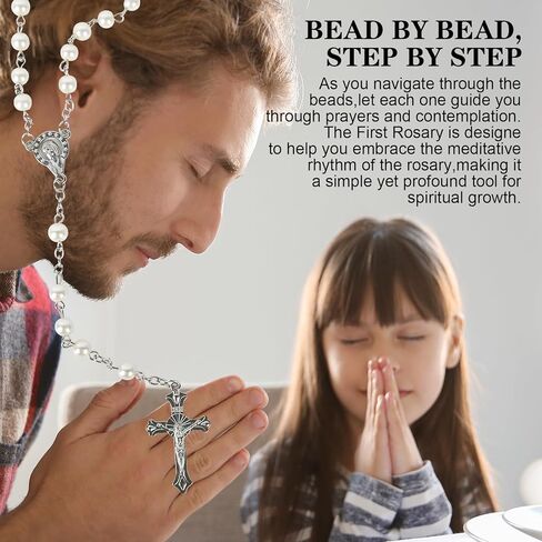 Baptism Gifts for Girls or Boys-My First Rosary With Necklace and Bracelet & Ceramic Keepsake Box with Angel Figurines Set, Christening Or Baby Shower Gifts Rosary Beads Catholic for Baby Girls or Kids, White. in Kuwait