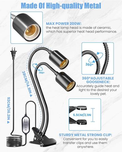 مصباح Luxvista الحراري للزواحف، مؤقت دورة ذكي لإضاءة الزواحف مزدوج الرأس، مصباح حراري سلحفاة قابل للدوران 360 درجة للتنين الملتحي والسلحفاة والسحلية والثعابين والمزيد (بحد أقصى 100 وات، بدون لمبة) in Kuwait
