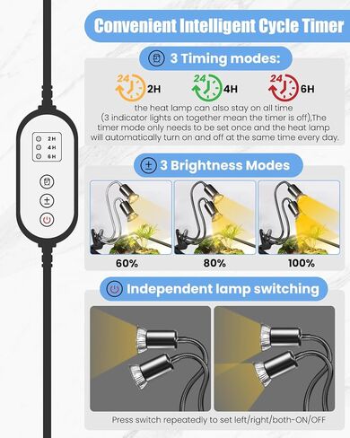 مصباح Luxvista الحراري للزواحف، مؤقت دورة ذكي لإضاءة الزواحف مزدوج الرأس، مصباح حراري سلحفاة قابل للدوران 360 درجة للتنين الملتحي والسلحفاة والسحلية والثعابين والمزيد (بحد أقصى 100 وات، بدون لمبة) in Kuwait