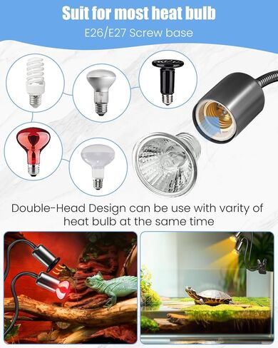 مصباح Luxvista الحراري للزواحف، مؤقت دورة ذكي لإضاءة الزواحف مزدوج الرأس، مصباح حراري سلحفاة قابل للدوران 360 درجة للتنين الملتحي والسلحفاة والسحلية والثعابين والمزيد (بحد أقصى 100 وات، بدون لمبة) in Kuwait
