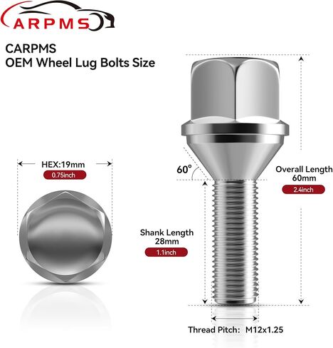 CARPMS 20 قطعة M12x1.25 براغي عجلة OEM، مسامير عجلة بطول ساق 28 مم 19 مم مخروطي سداسي مناسب لـ 2015-2022 Renegade، 2014-2022 Cherokee، 2018-2022 بوصلة، 2013-2016 Dart in Kuwait